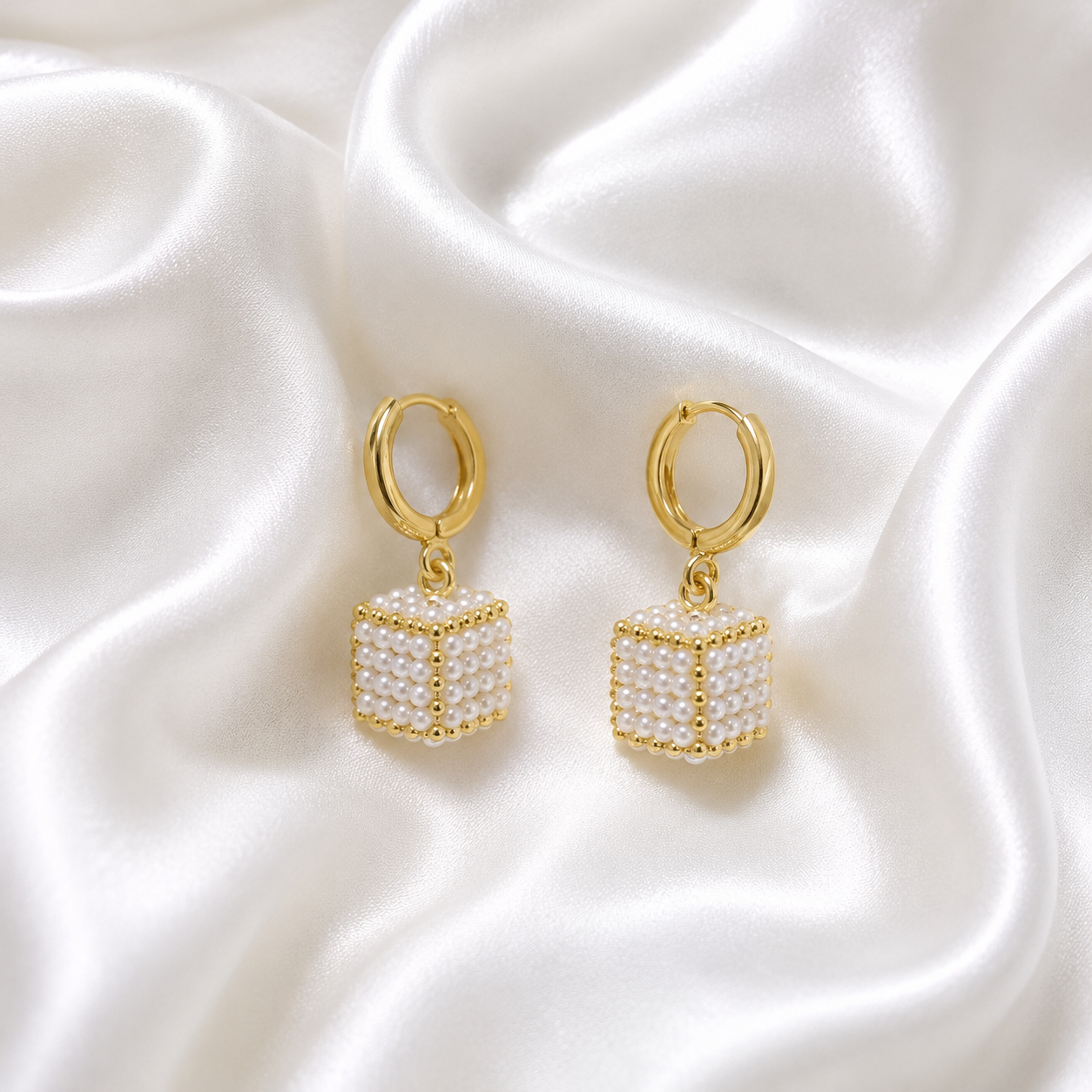 Micro Gold Pearl Cube Drop Hoop Earrings