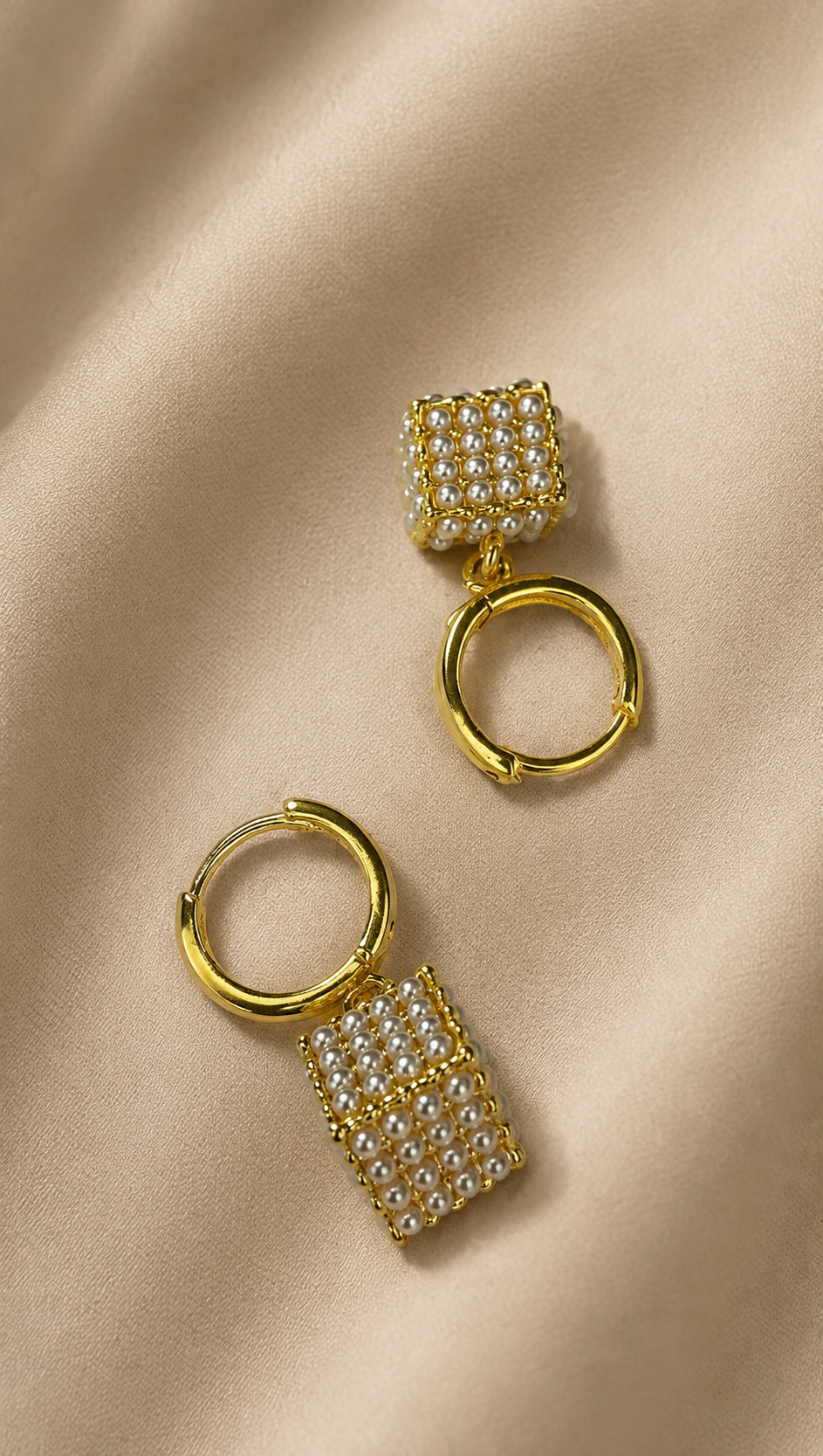 Micro Gold Pearl Cube Drop Hoop Earrings